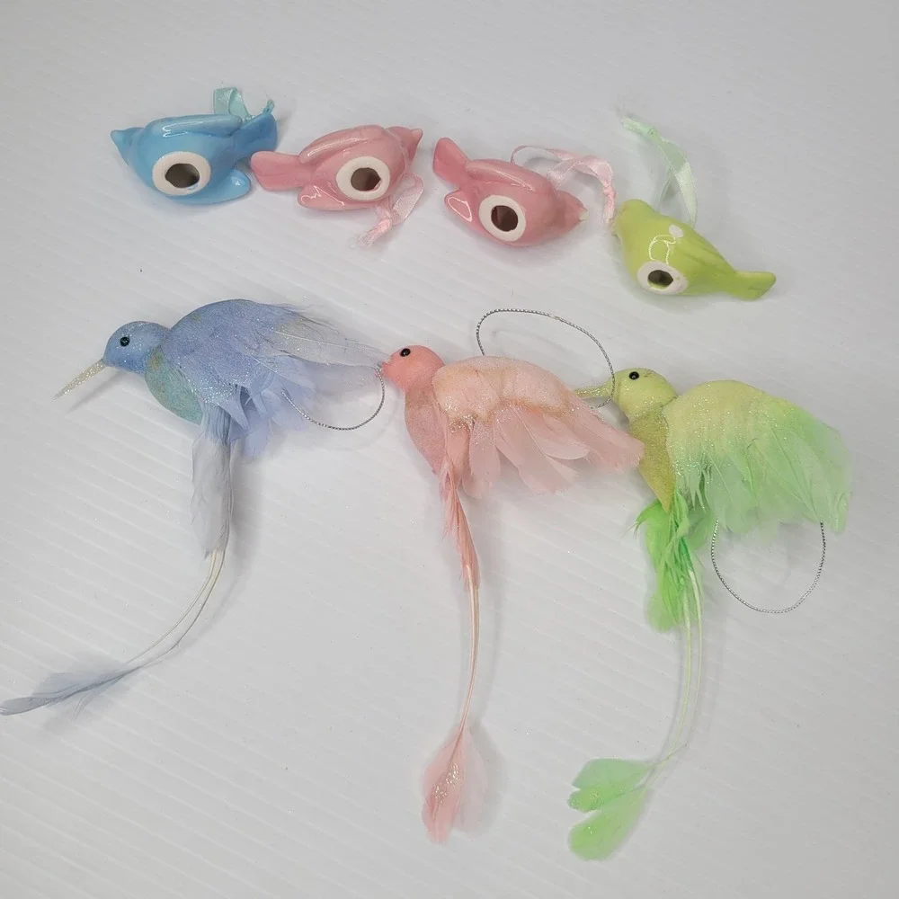 Set of 7 Pier 1 Spring‎ Time Ornaments - Ceramic Birds & Birds w/ Feathers